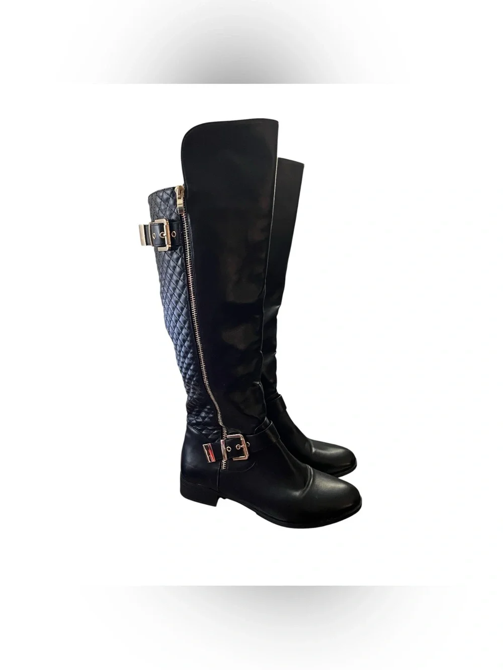 ShoeDazzle Cersei Riding Boots Quilted Side Zip Buckle Black 8